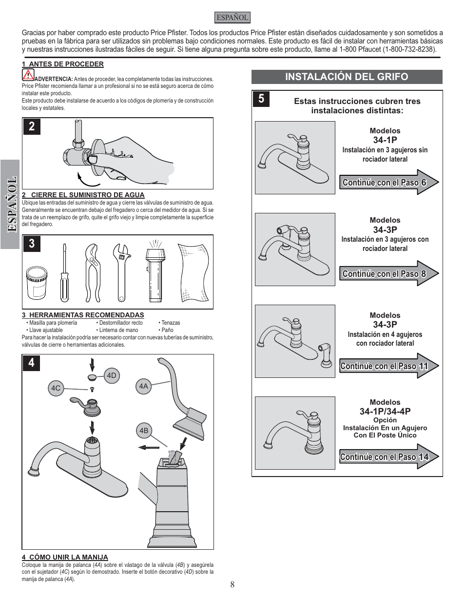 Esp a ñ ol, Instalación del grifo | Pfister GT34-4PS0 User Manual | Page 8 / 20