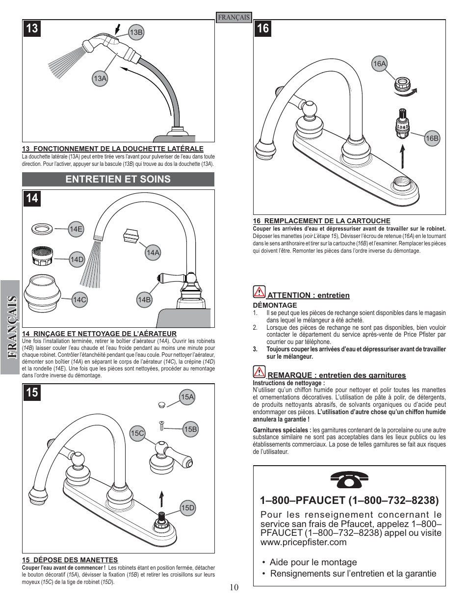 Fran ç ais, Entretien et soins | Pfister F-8H6-85SS User Manual | Page 10 / 12