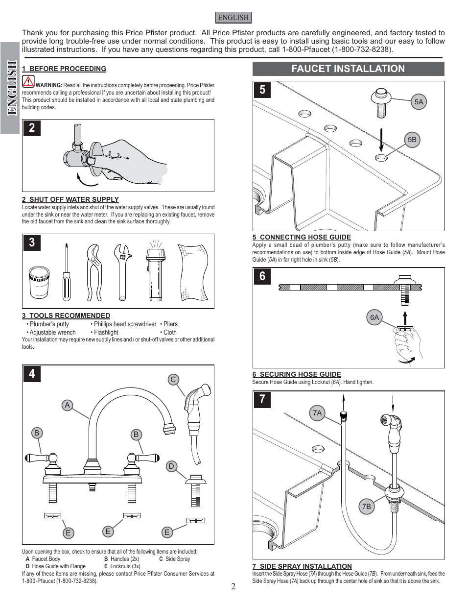 English, Faucet installation | Pfister F-8H6-85SS User Manual | Page 2 / 12
