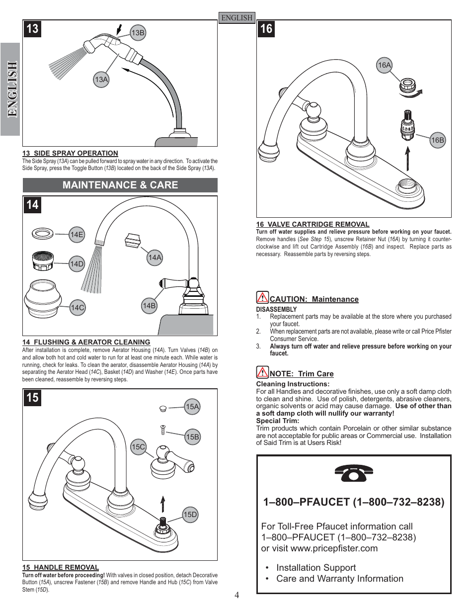 English, Maintenance & care | Pfister F-8H6-85SS User Manual | Page 4 / 12