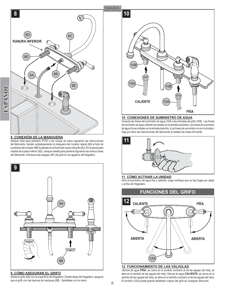 Esp a ñ ol, Funciones del grifo | Pfister F-8H6-85SS User Manual | Page 6 / 12