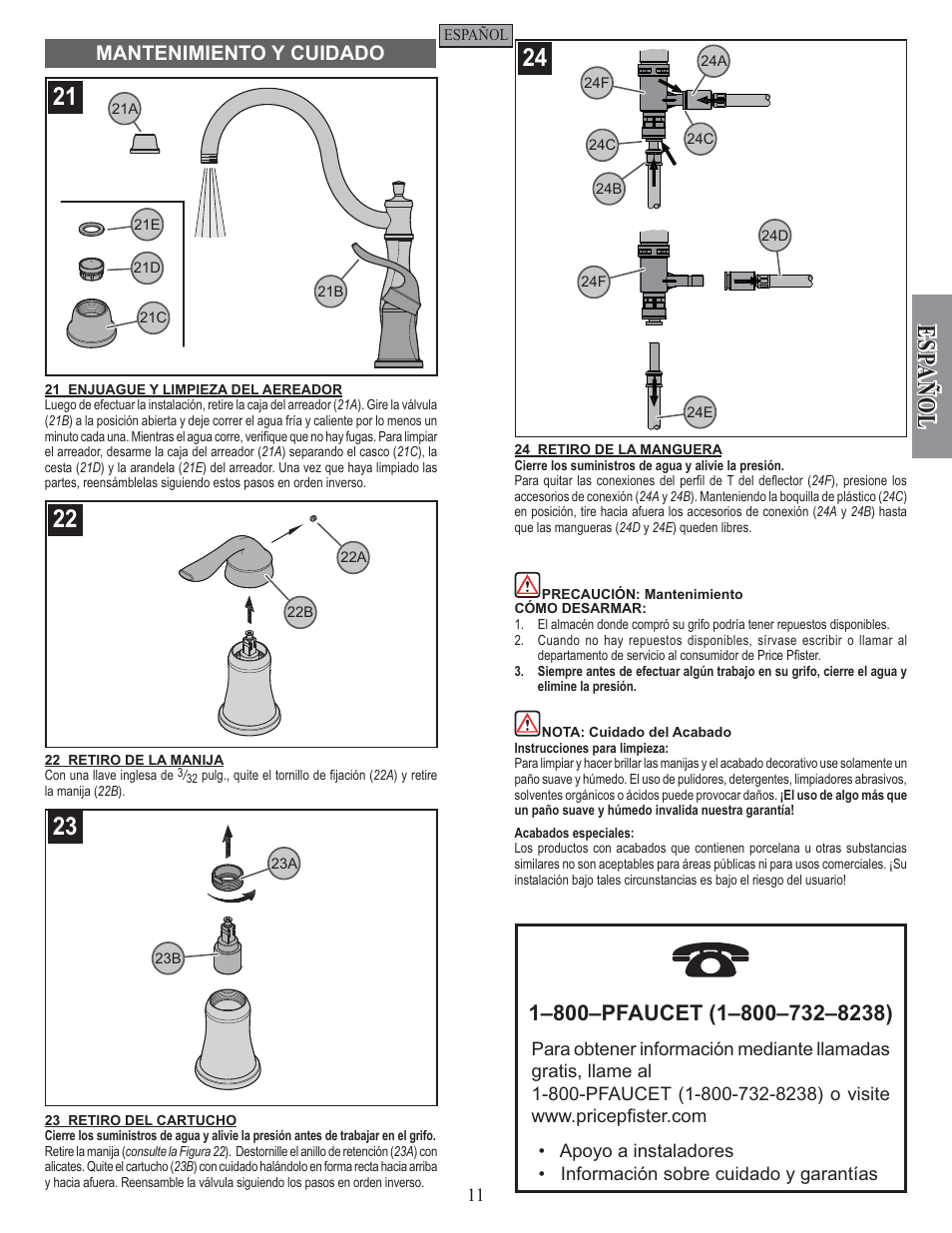 Esp añ ol, Mantenimiento y cuidado | Pfister F-026-4TWS User Manual | Page 11 / 18