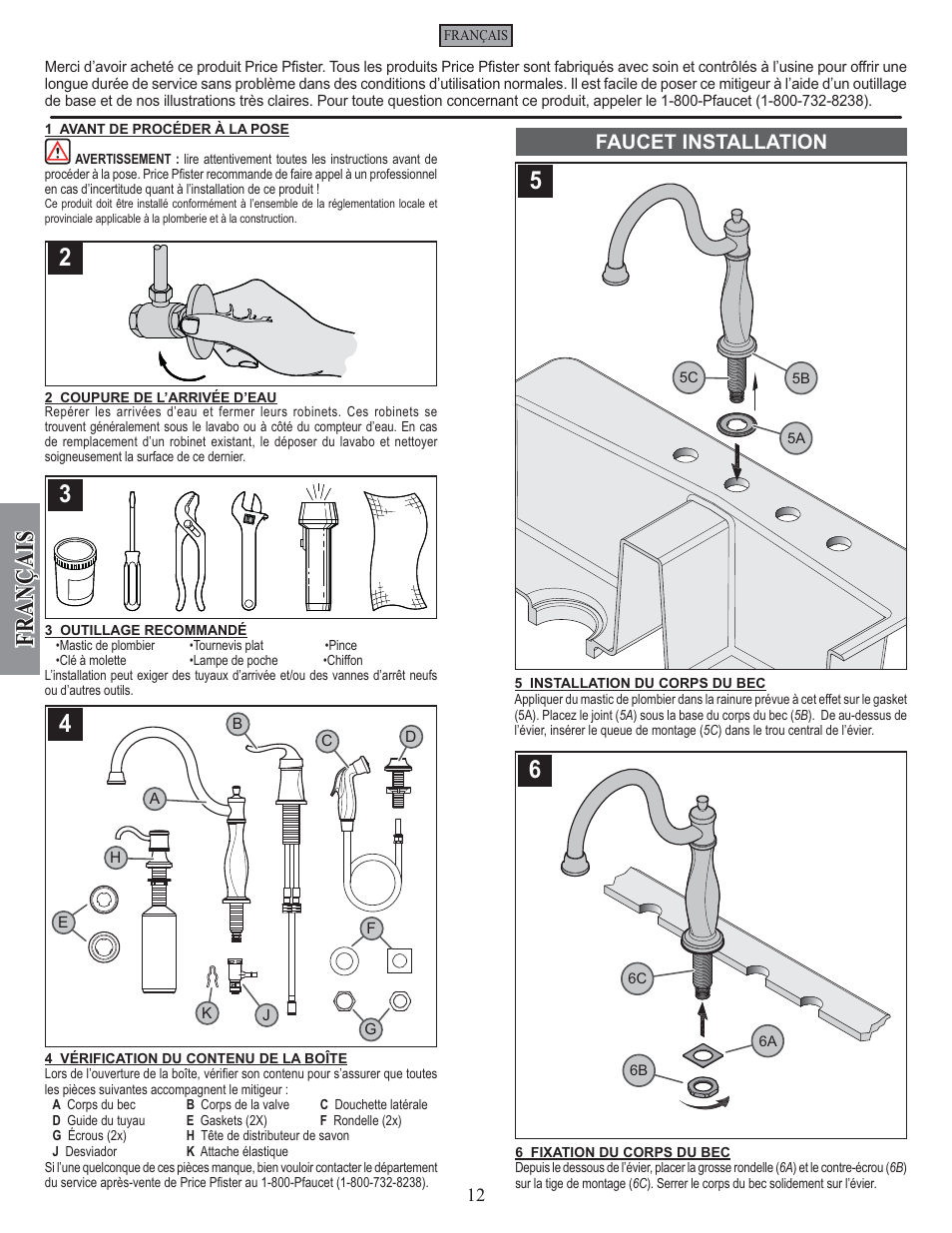 Fran çais, Faucet installation | Pfister F-026-4TWS User Manual | Page 12 / 18