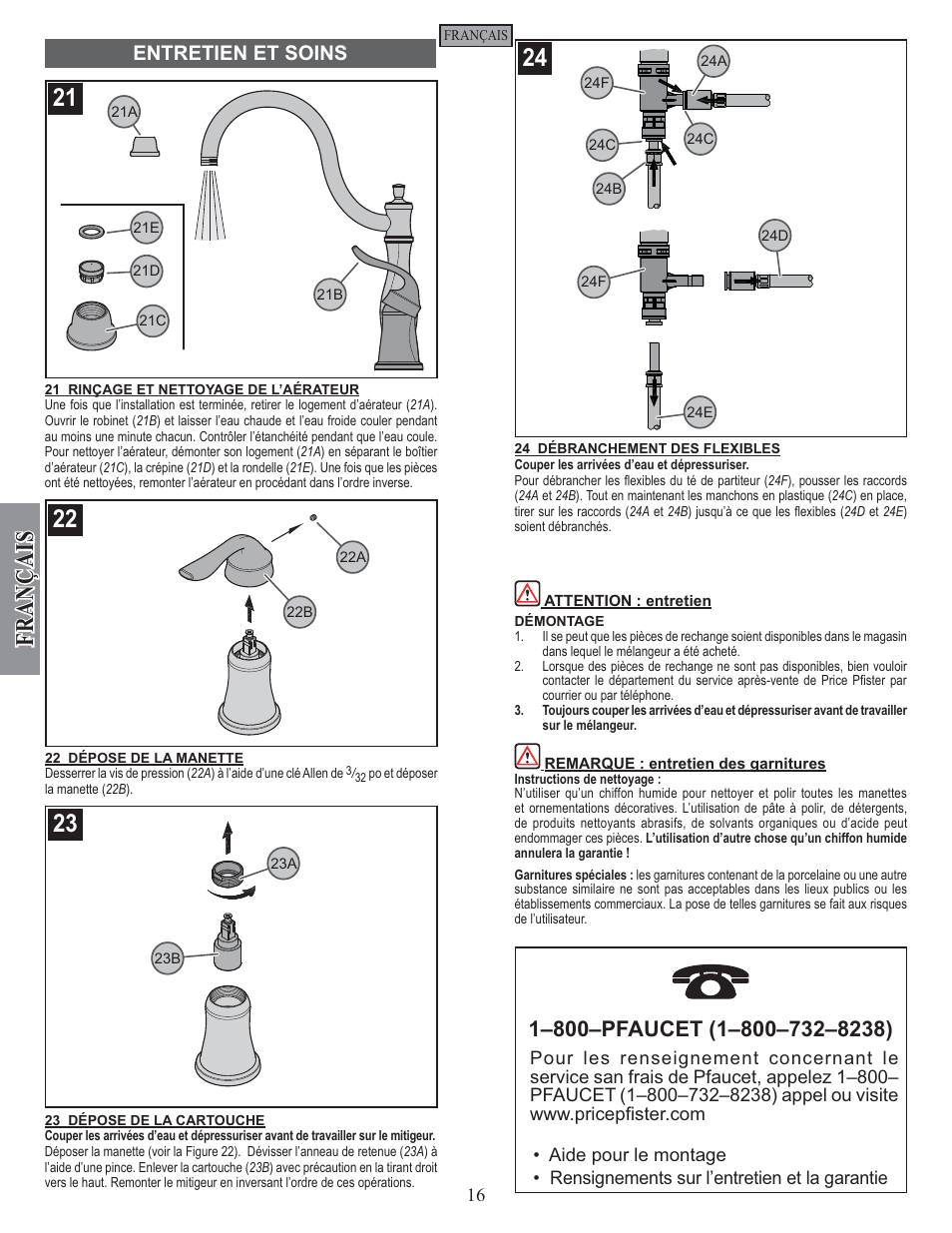 Fran çais, Maintenance & care, Entretien et soins | Pfister F-026-4TWS User Manual | Page 16 / 18