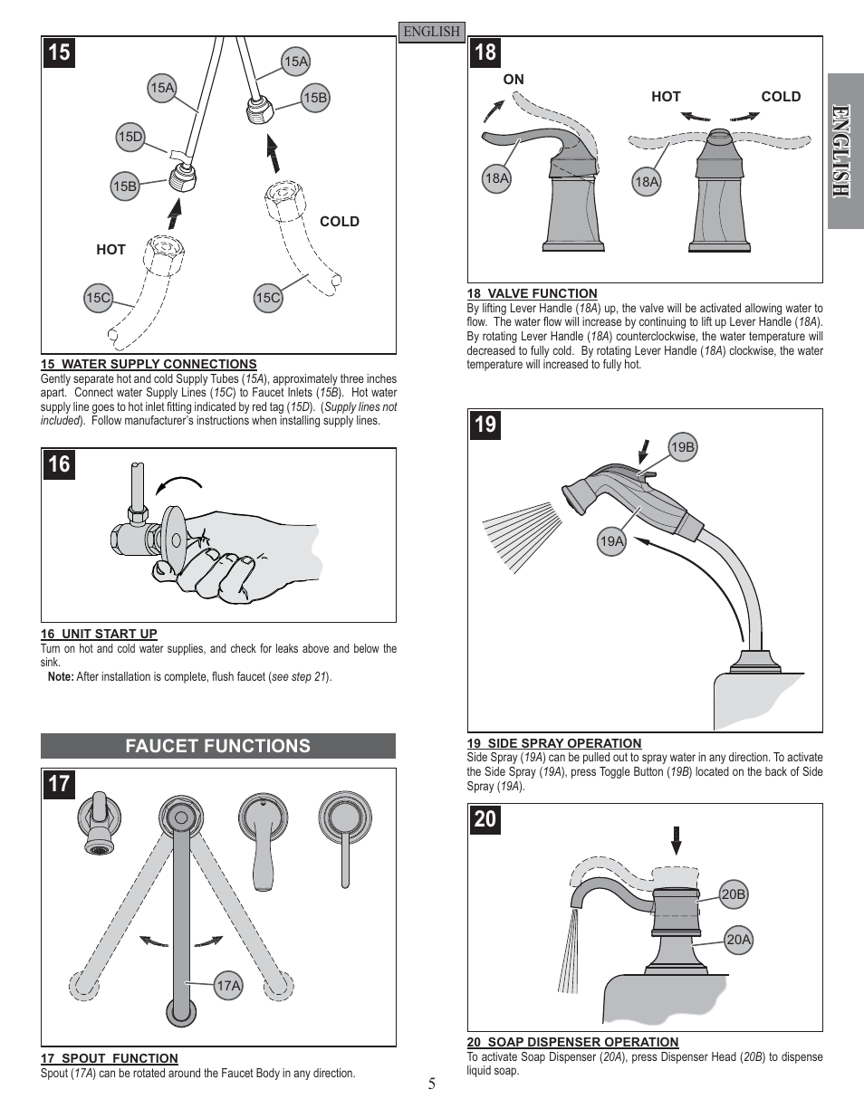 English, Faucet functions | Pfister F-026-4TWS User Manual | Page 5 / 18