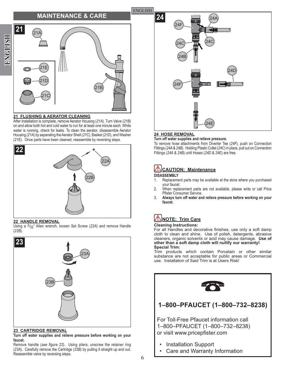 English, Maintenance & care | Pfister F-026-4TWS User Manual | Page 6 / 18