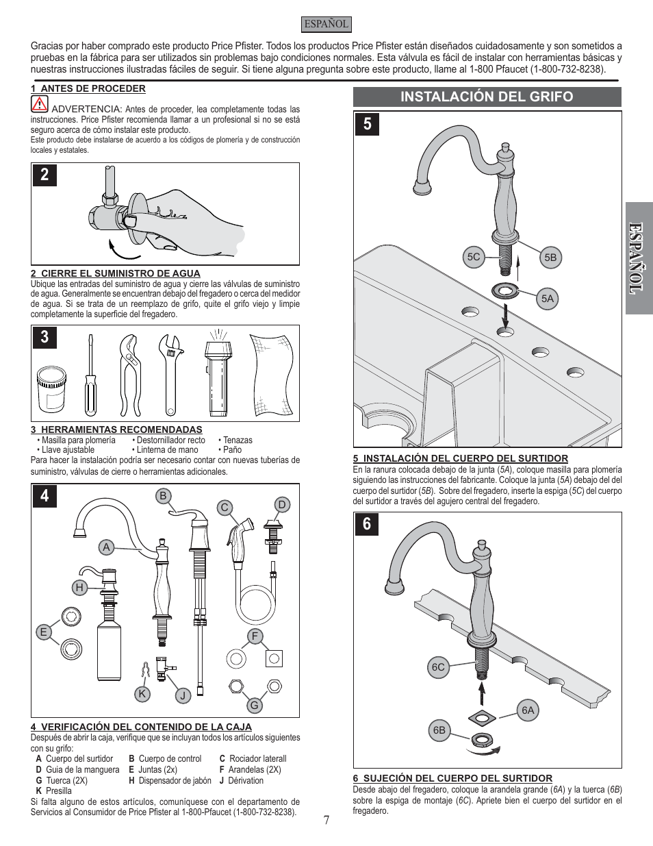 Esp añ ol, Instalación del grifo | Pfister F-026-4TWS User Manual | Page 7 / 18