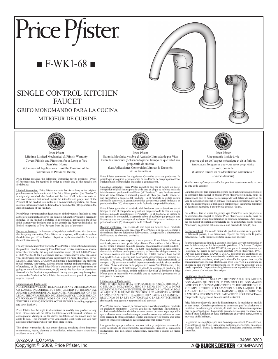Pfister F-WK1-680S User Manual | 8 pages