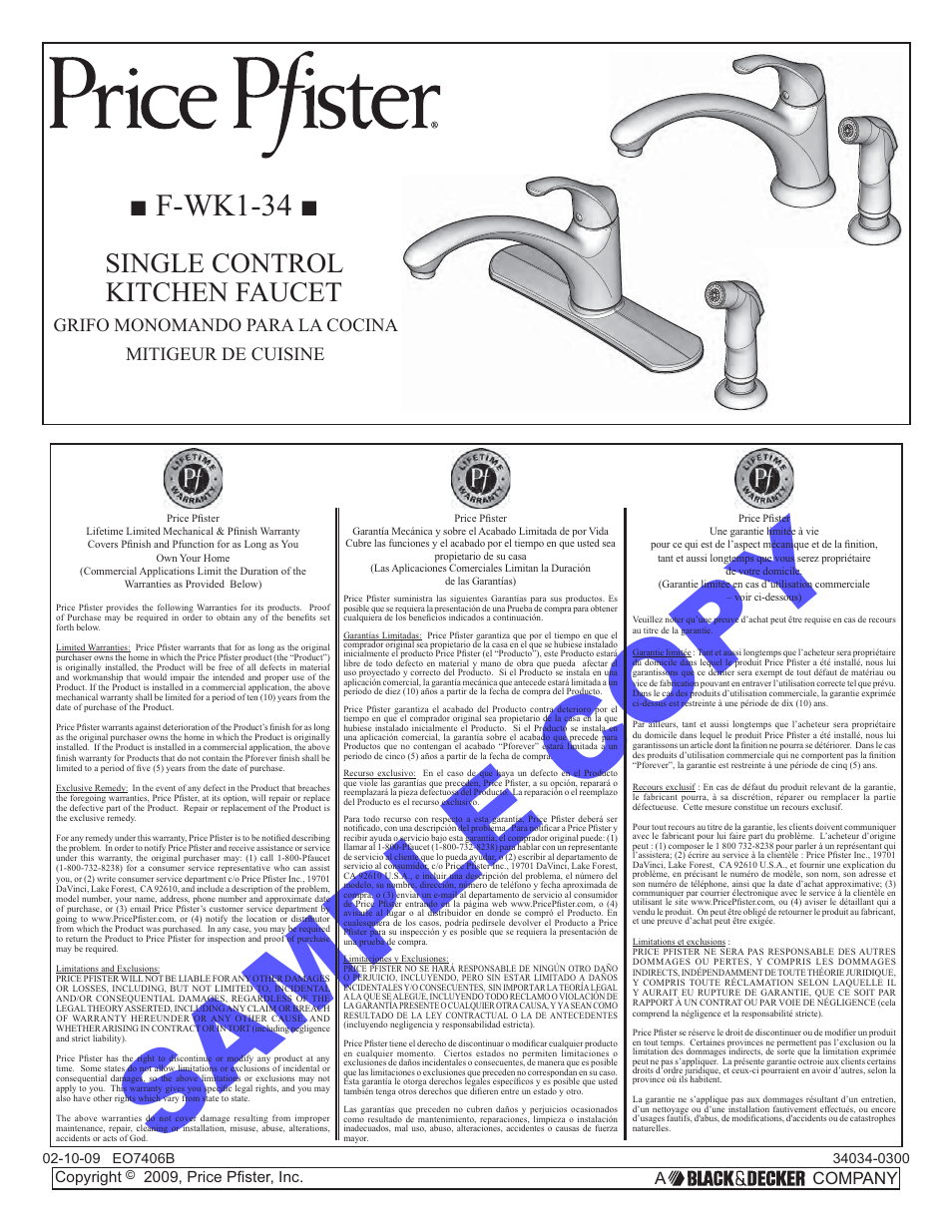 Pfister F-WK1-340S User Manual | 9 pages