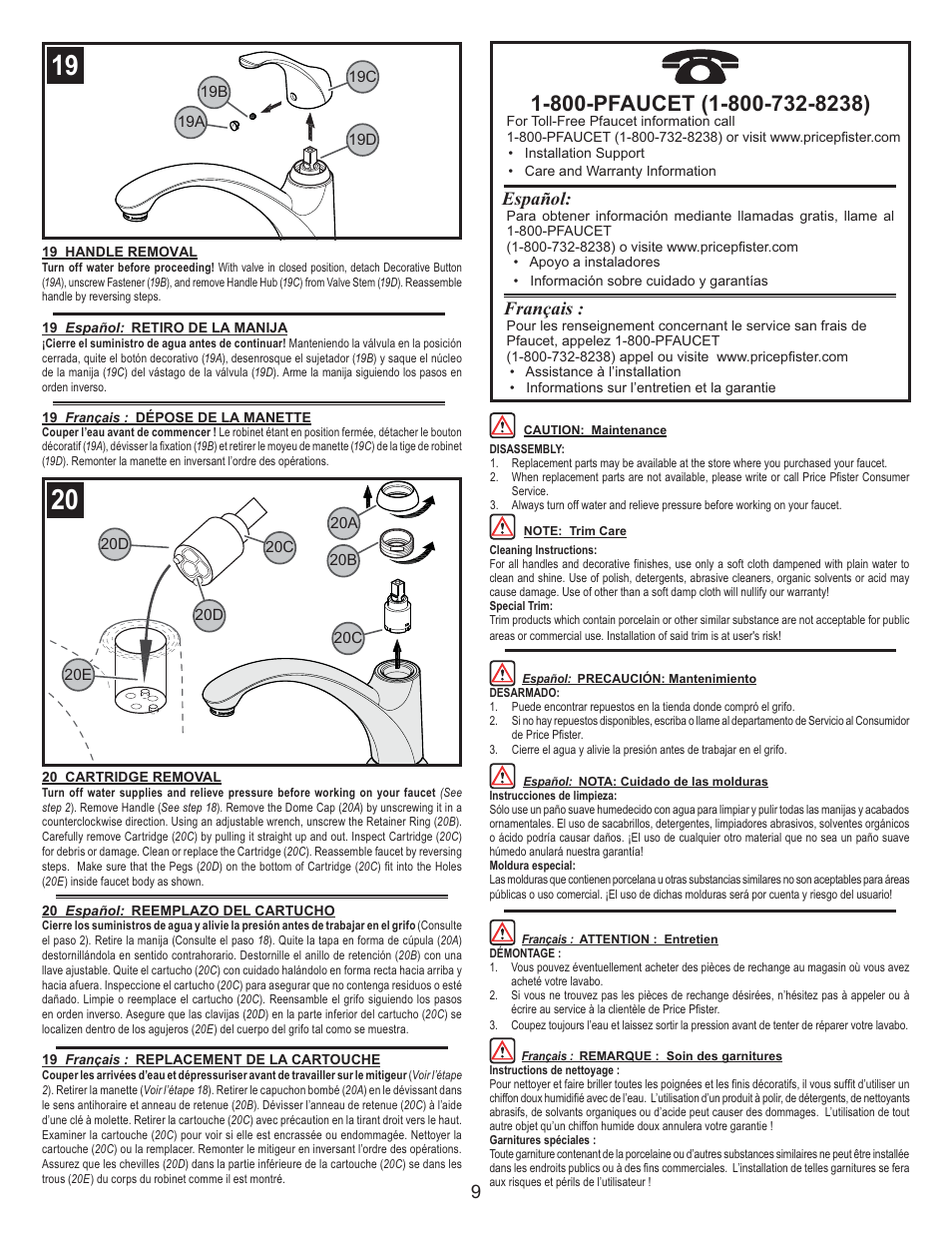 Español, Français | Pfister F-WK1-340S User Manual | Page 9 / 9