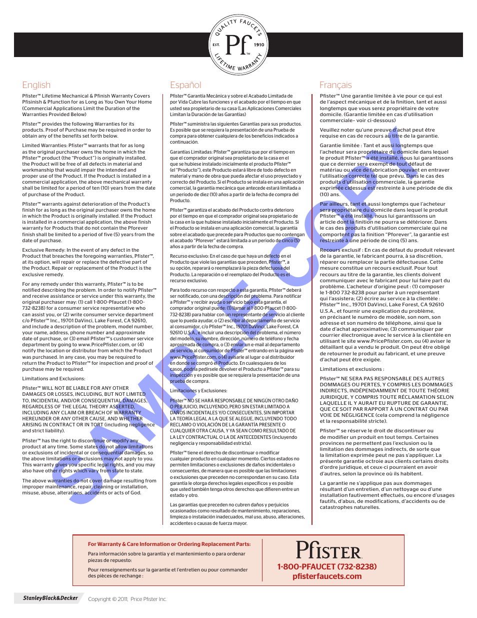 Sample copy | Pfister F-029-4SLS User Manual | Page 4 / 6