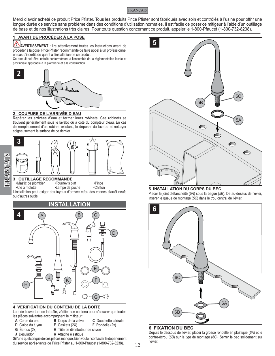 Fran ç ais, Installation | Pfister GT26-4DSS User Manual | Page 12 / 18