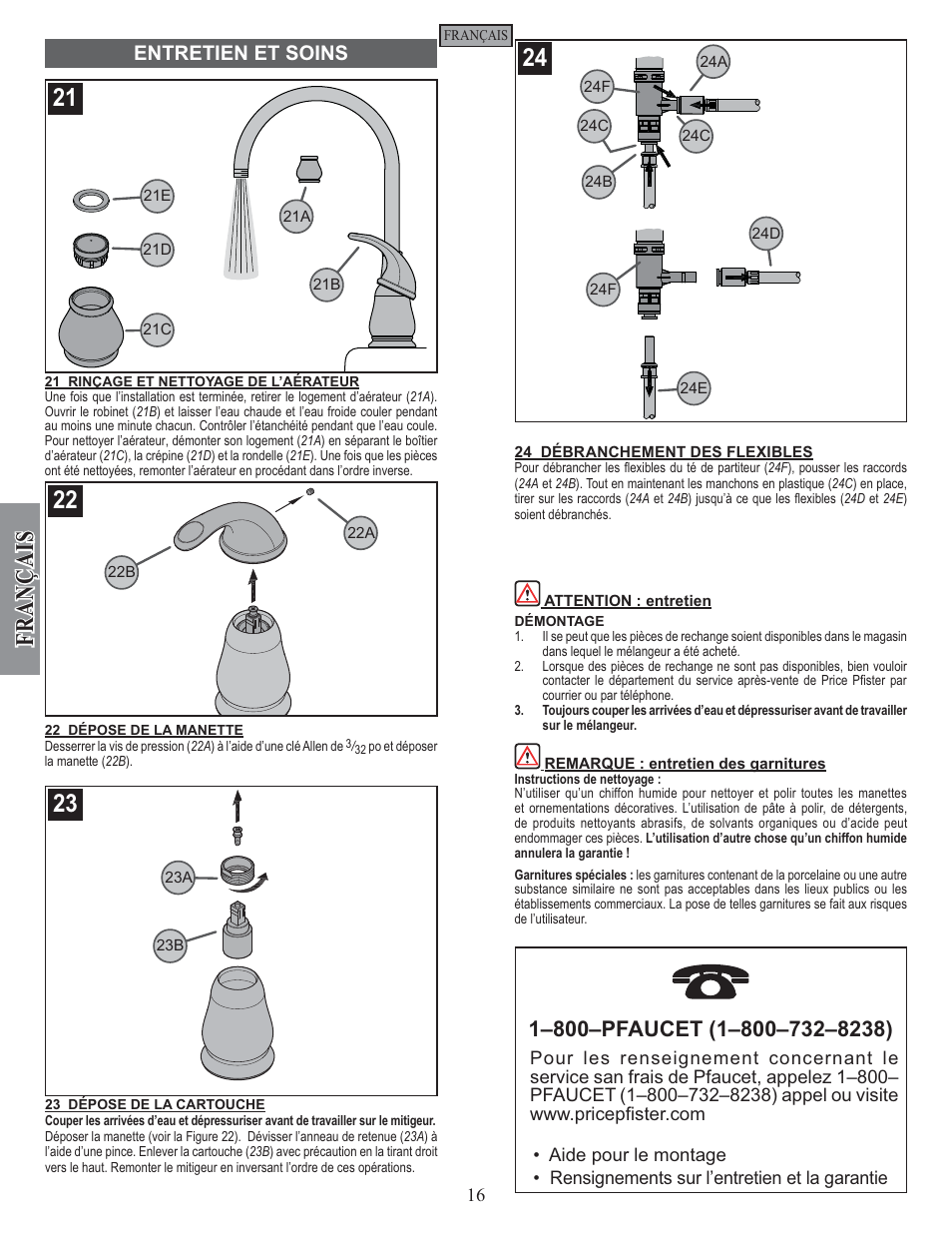 Fran ç ais, Entretien et soins | Pfister GT26-4DSS User Manual | Page 16 / 18