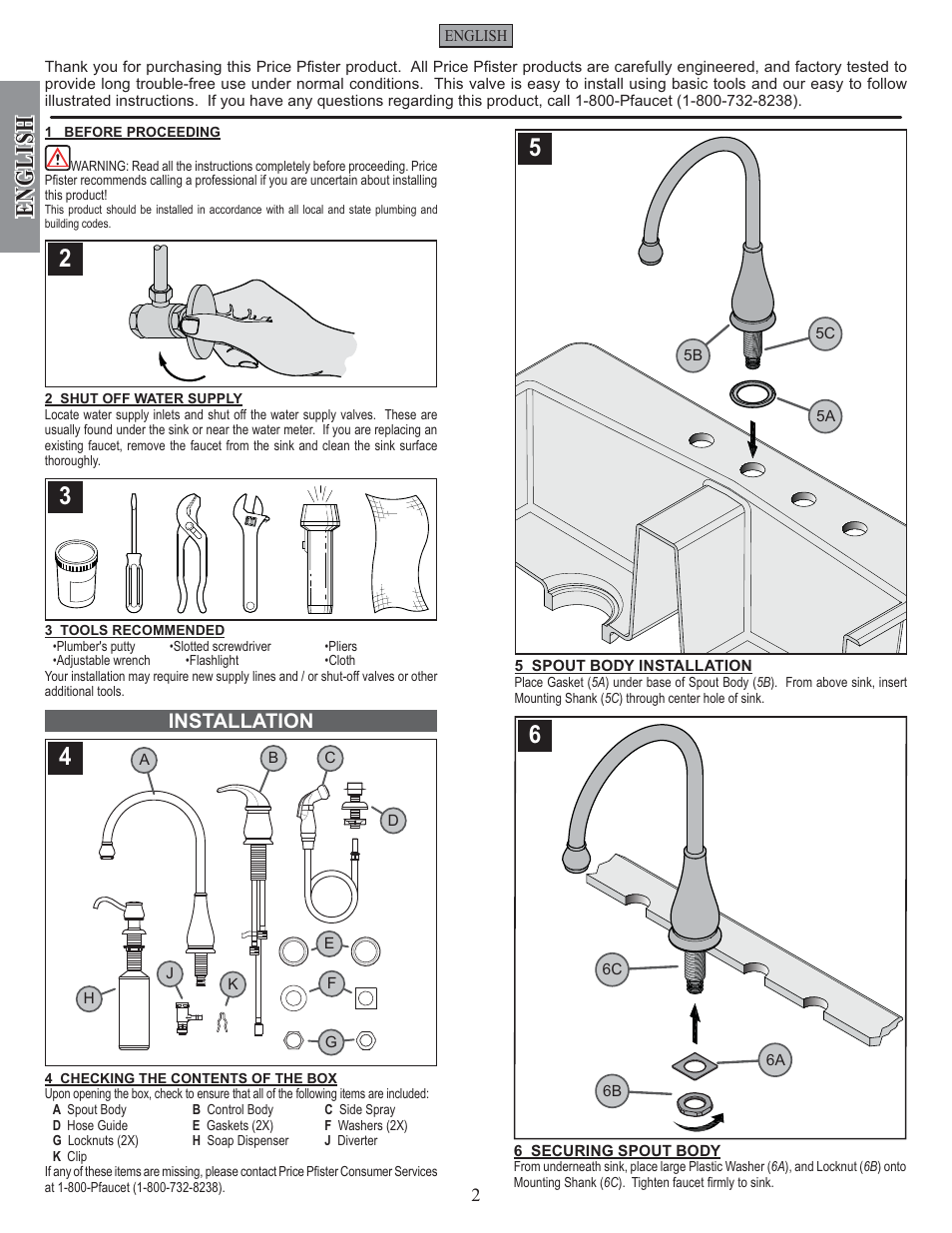 English, Installation | Pfister GT26-4DSS User Manual | Page 2 / 18