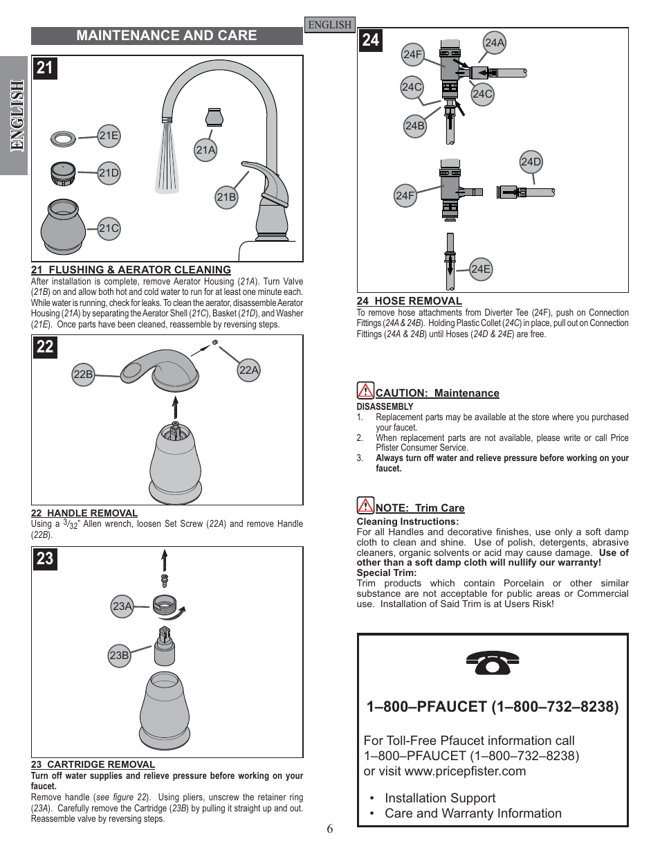 English, Maintenance and care | Pfister GT26-4DSS User Manual | Page 6 / 18