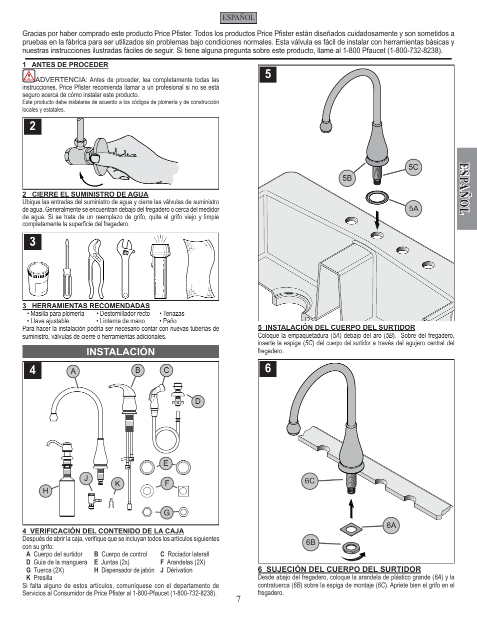 Esp a ñ ol, Instalación | Pfister GT26-4DSS User Manual | Page 7 / 18