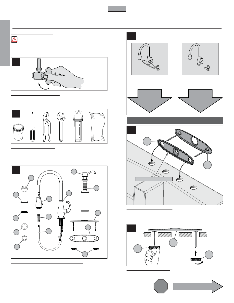 En g l is h english, Stop, Go to | Go to step 8 step 8, Go to step 6 step 6, 4 hole installation | Pfister GT529-DSS User Manual | Page 2 / 18
