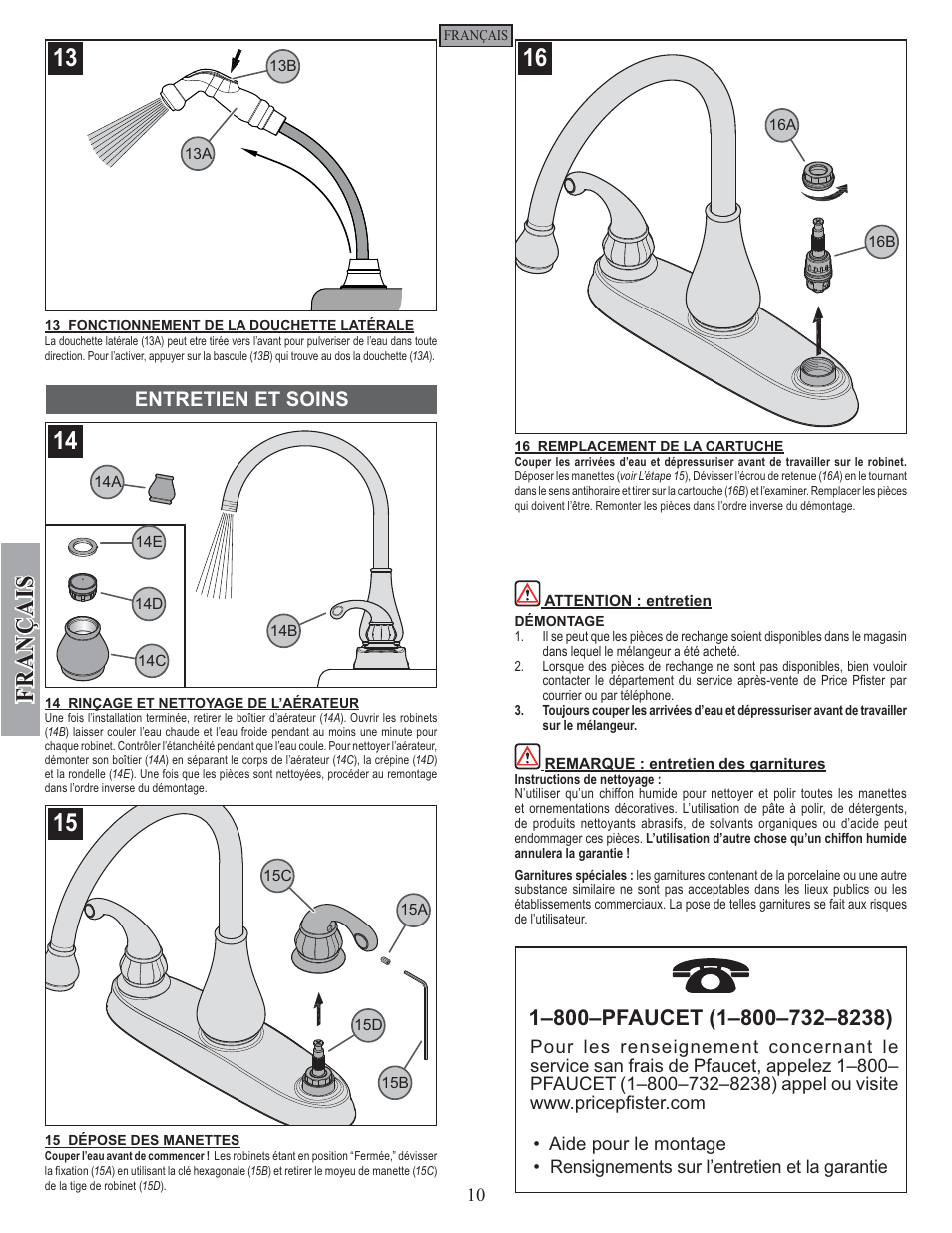 Fran ç ais, Entretien et soins | Pfister GT36-4DSS User Manual | Page 10 / 12