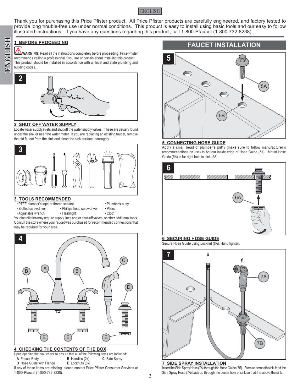English, Faucet installation | Pfister GT36-4DSS User Manual | Page 2 / 12