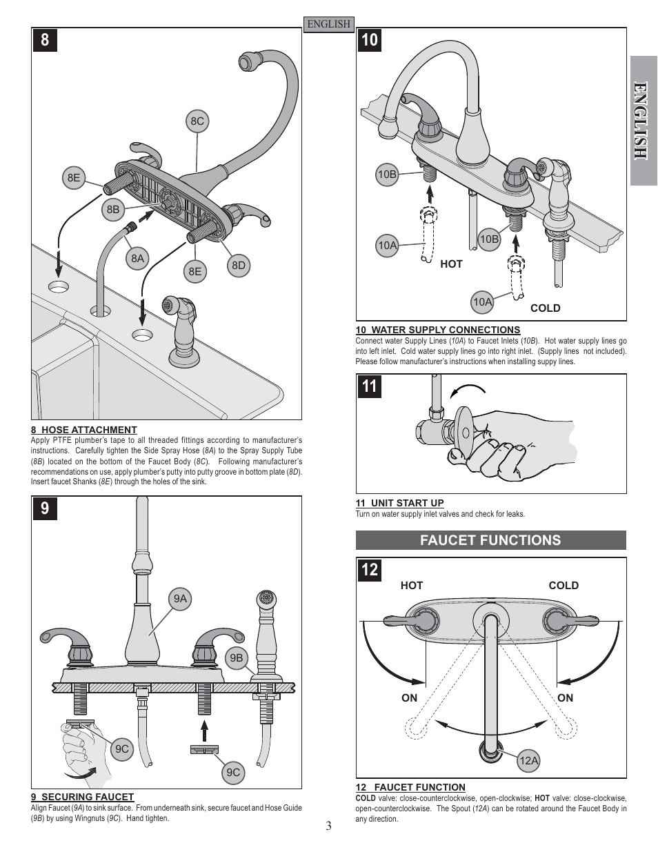 English, Faucet functions | Pfister GT36-4DSS User Manual | Page 3 / 12
