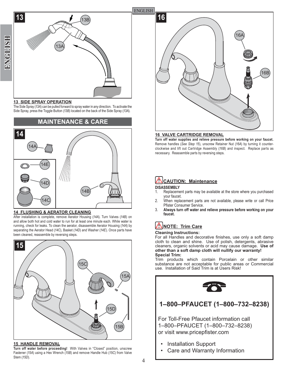 English, Maintenance & care | Pfister GT36-4DSS User Manual | Page 4 / 12