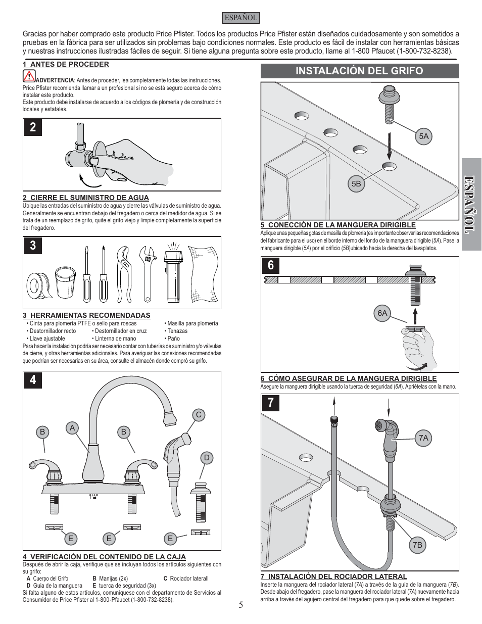 Esp a ñ ol, Instalación del grifo | Pfister GT36-4DSS User Manual | Page 5 / 12