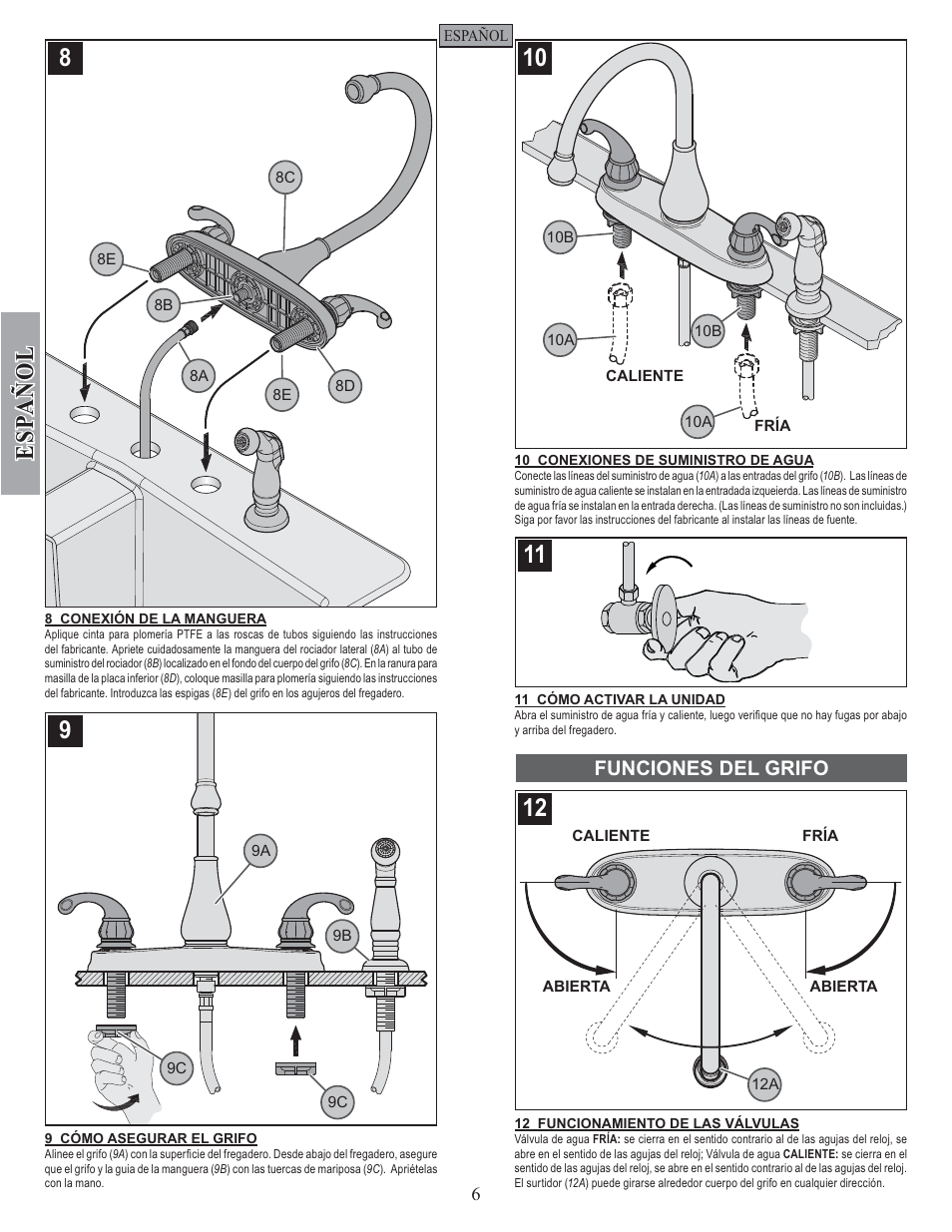Esp a ñ ol, Funciones del grifo | Pfister GT36-4DSS User Manual | Page 6 / 12