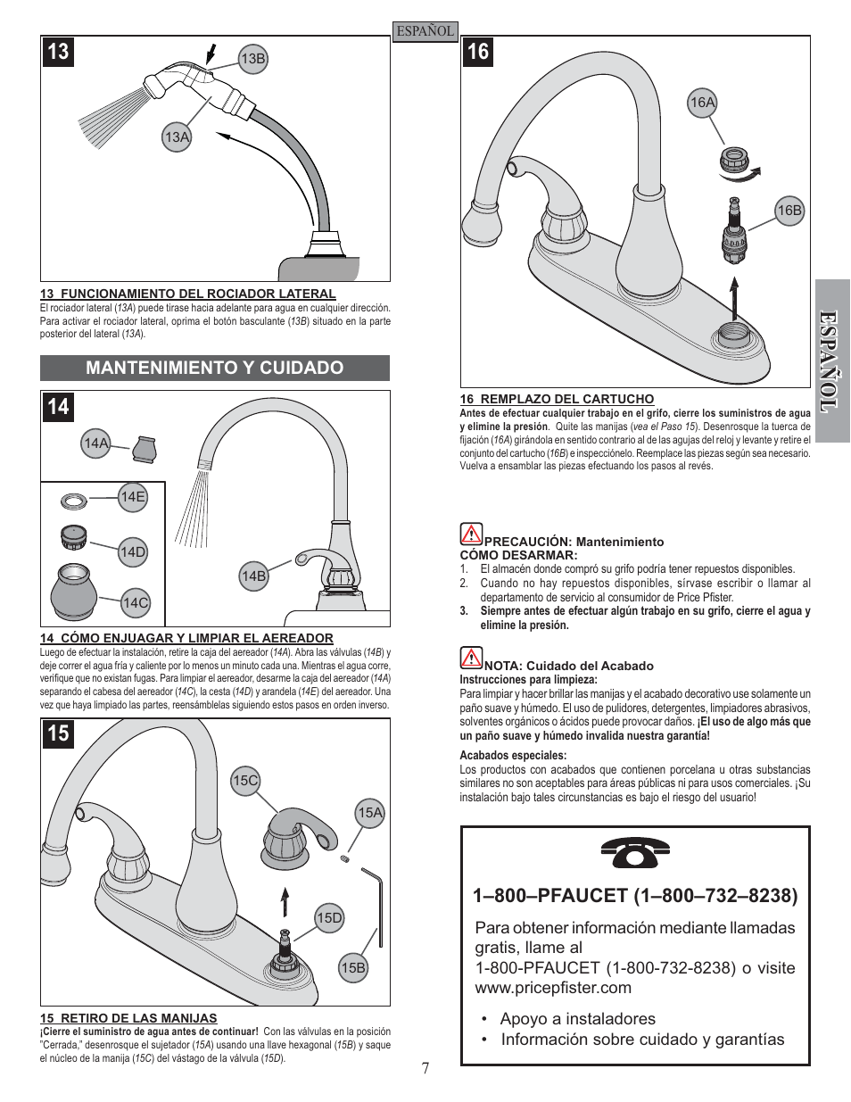Esp a ñ ol, Mantenimiento y cuidado | Pfister GT36-4DSS User Manual | Page 7 / 12