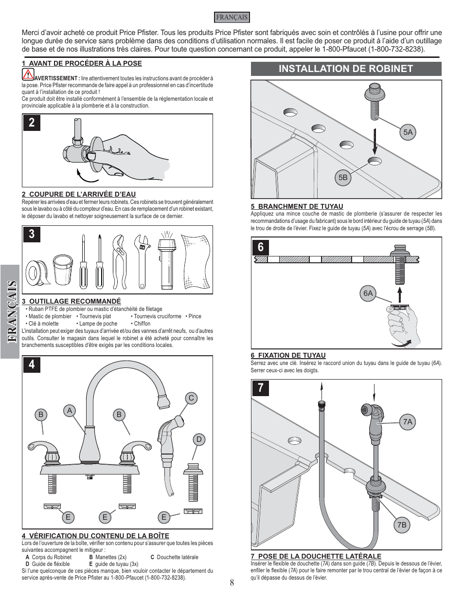 Fran ç ais, Installation de robinet | Pfister GT36-4DSS User Manual | Page 8 / 12