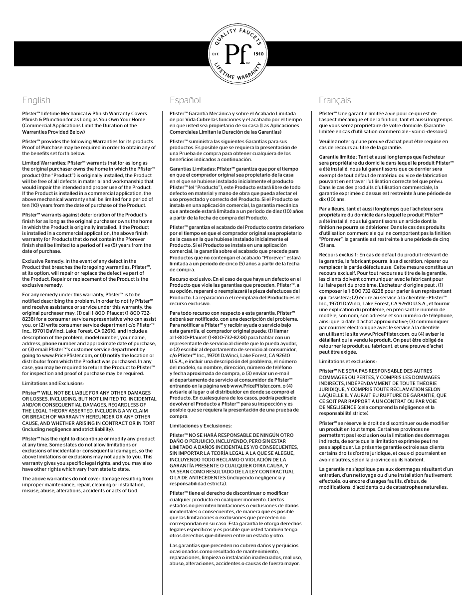 English español français | Pfister F-529-7VVS User Manual | Page 4 / 4