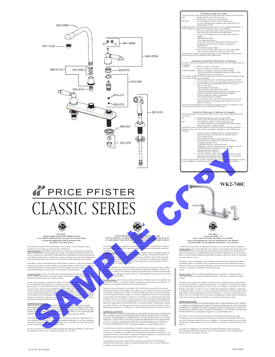 Pfister F-WK2-740C User Manual | 2 pages