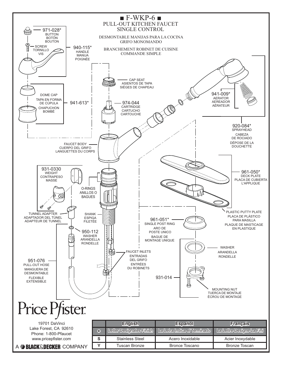 F-wkp-6, Pull-out kitchen faucet single control, A company | Pfister F-WKP-600S User Manual | Page 2 / 10