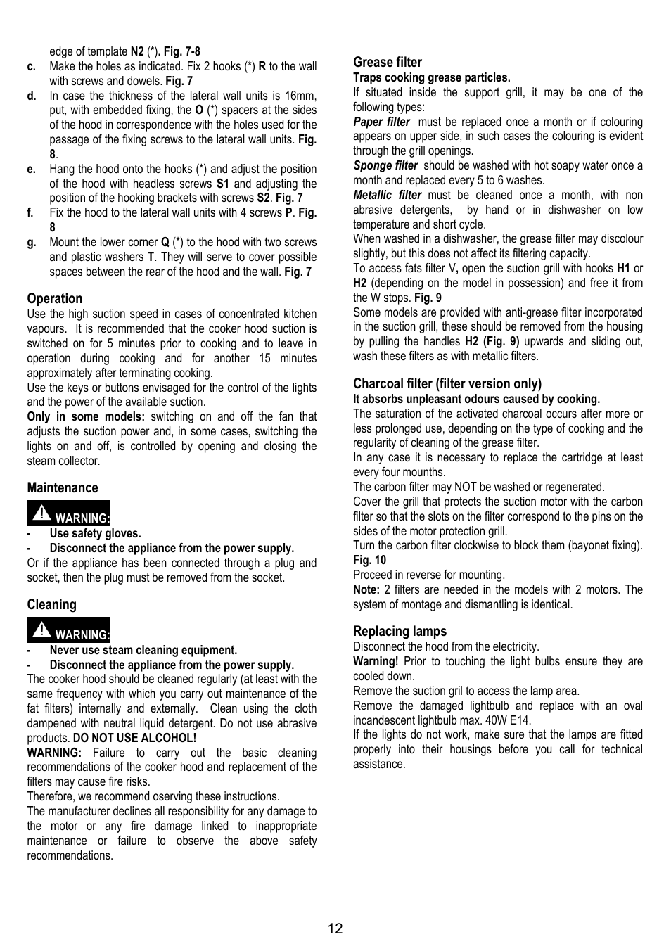 Operation, Maintenance, Cleaning | Grease filter, Charcoal filter (filter version only), Replacing lamps | Whirlpool AKR709GY User Manual | Page 12 / 20