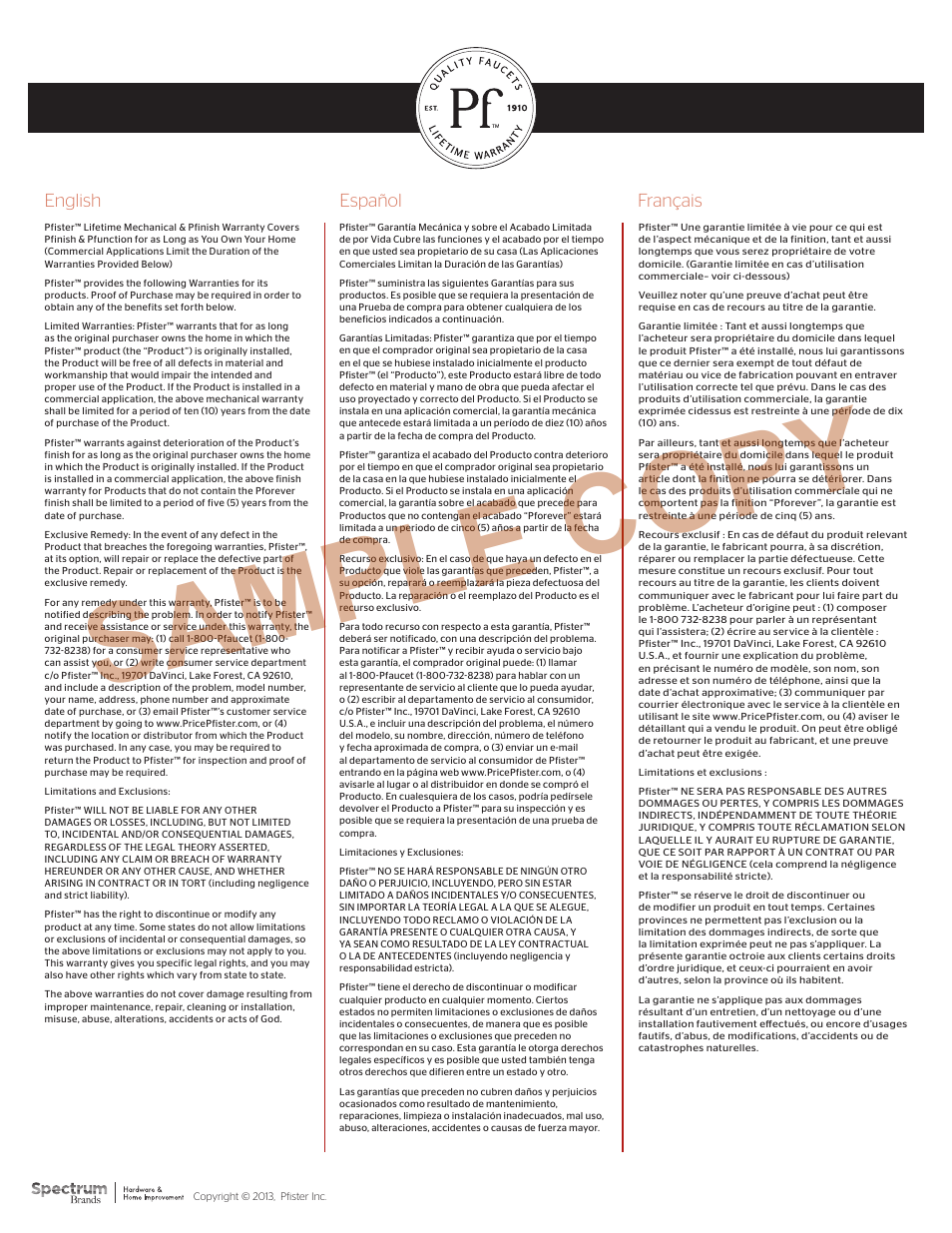 Sample copy | Pfister F-042-BRKK User Manual | Page 4 / 4