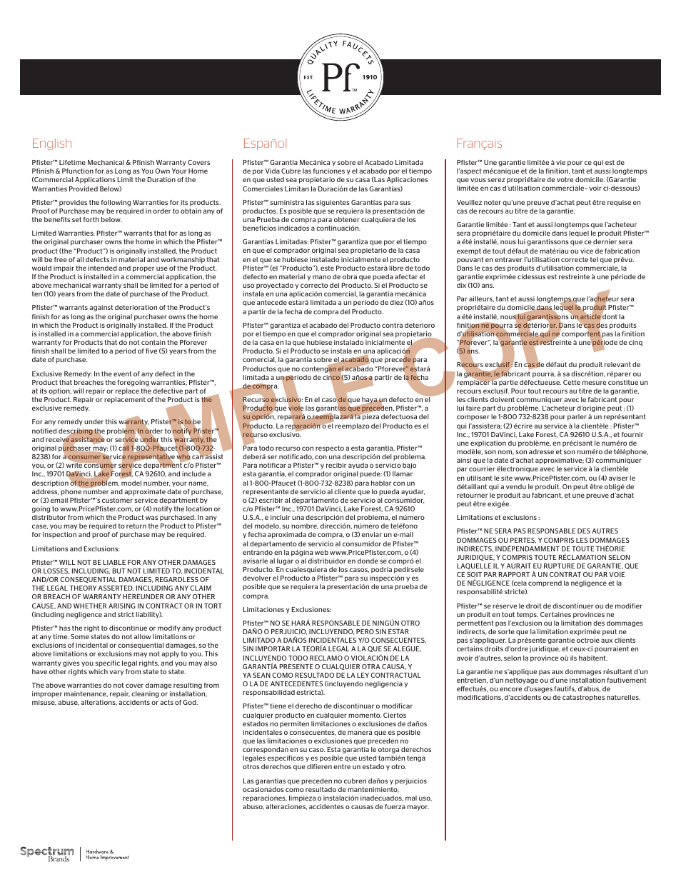 Sample copy | Pfister F-049-PDKK User Manual | Page 4 / 4