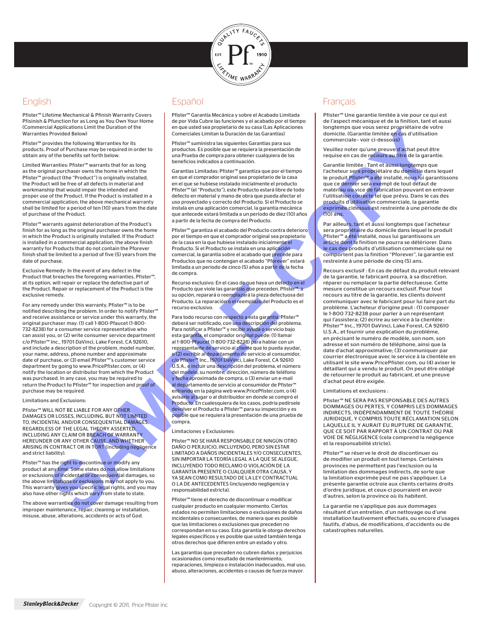 Sample copy | Pfister F-048-SLKK User Manual | Page 4 / 4