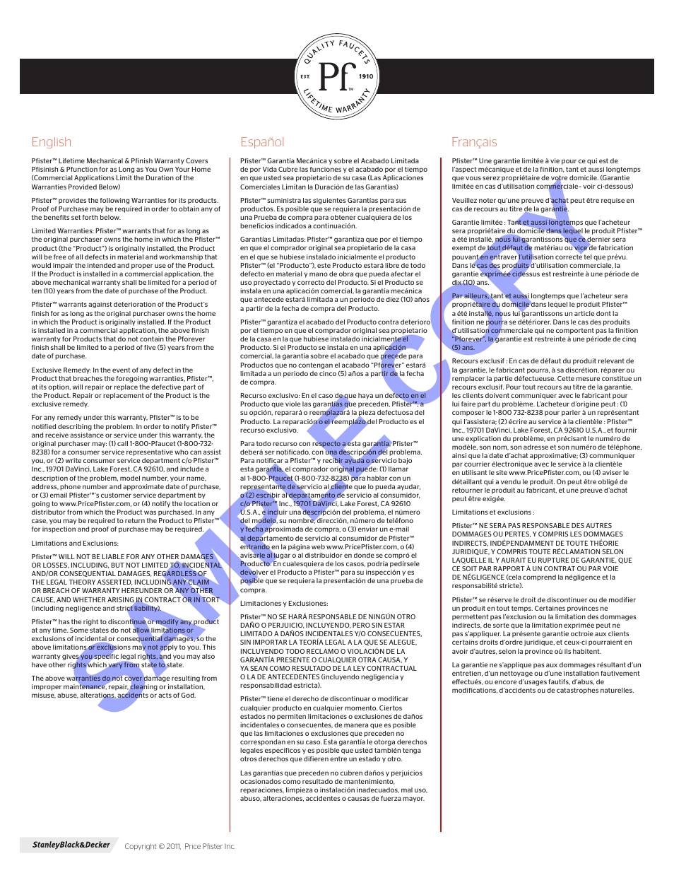 Sample copy | Pfister F-049-SLKK User Manual | Page 4 / 4