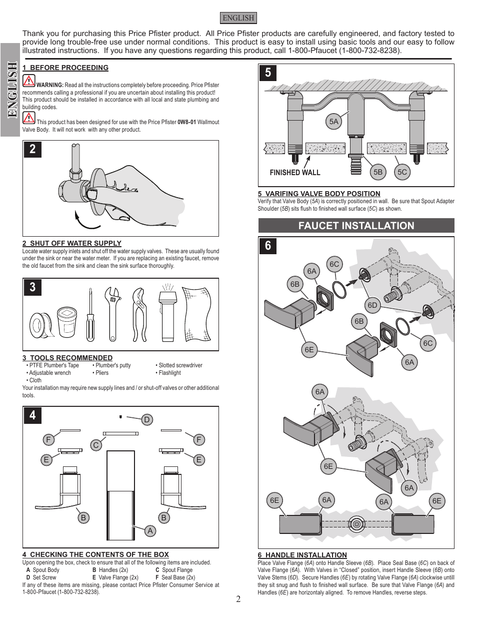 English, Faucet installation, Maintenance & care | Pfister GT49-DF1K User Manual | Page 2 / 8