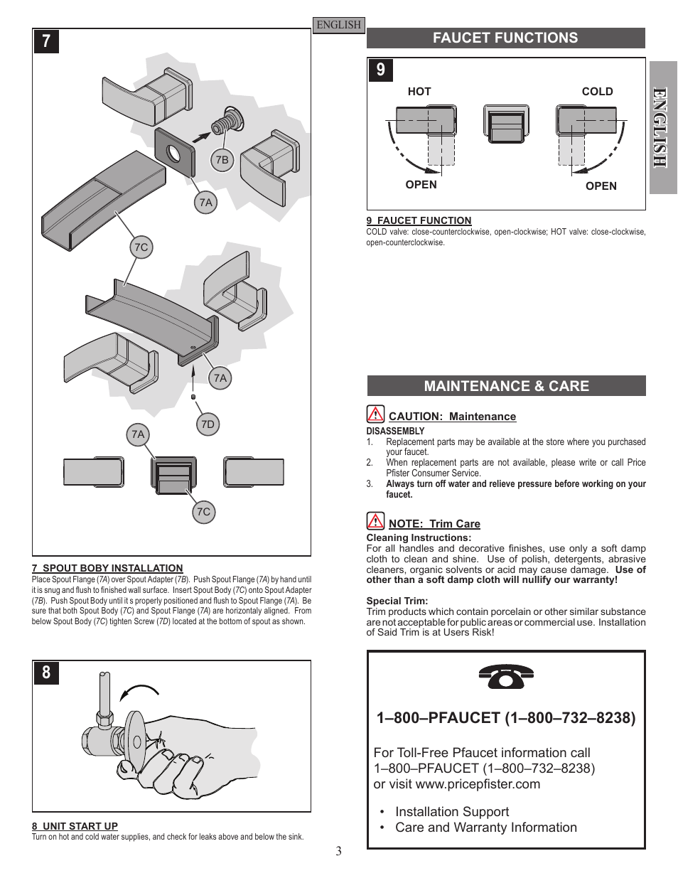 English, Faucet functions, Maintenance & care | Pfister GT49-DF1K User Manual | Page 3 / 8