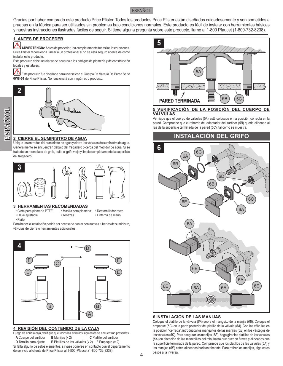 Esp a ñ ol, Instalación del grifo | Pfister GT49-DF1K User Manual | Page 4 / 8