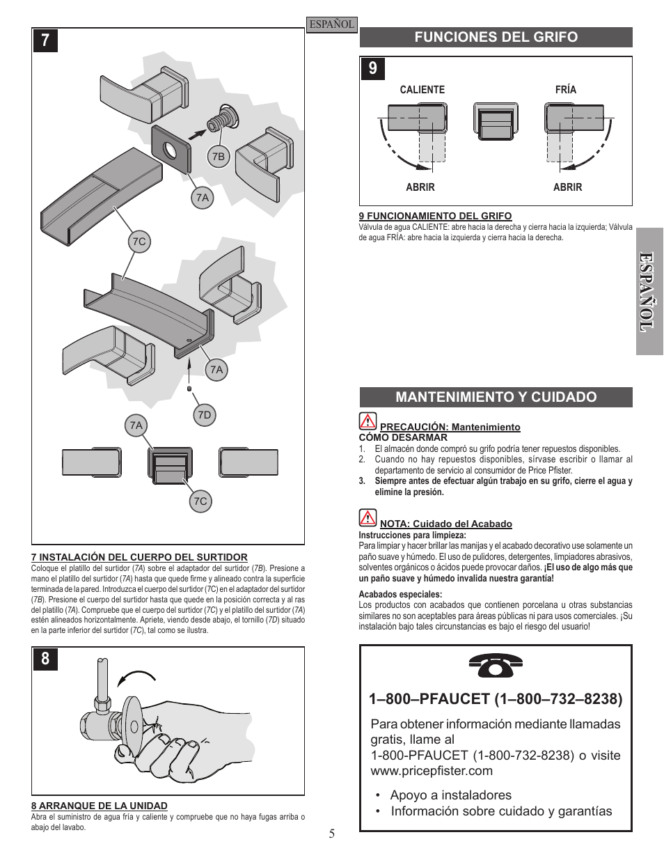 Esp a ñ ol, Funciones del grifo mantenimiento y cuidado | Pfister GT49-DF1K User Manual | Page 5 / 8