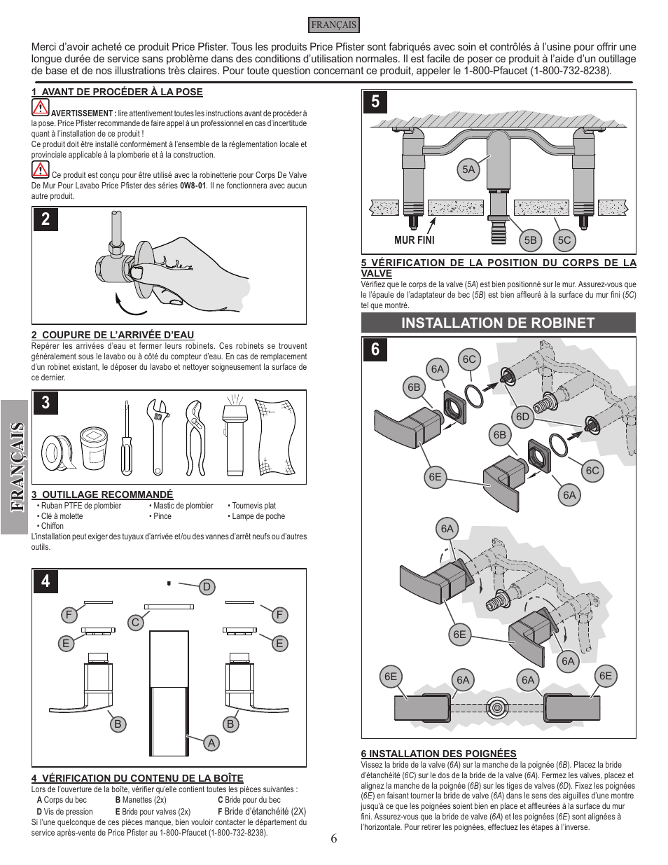 Fran ç ais, Installation de robinet | Pfister GT49-DF1K User Manual | Page 6 / 8