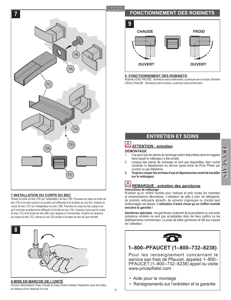 Fran ç ais, Fonctionnement des robinets entretien et soins | Pfister GT49-DF1K User Manual | Page 7 / 8