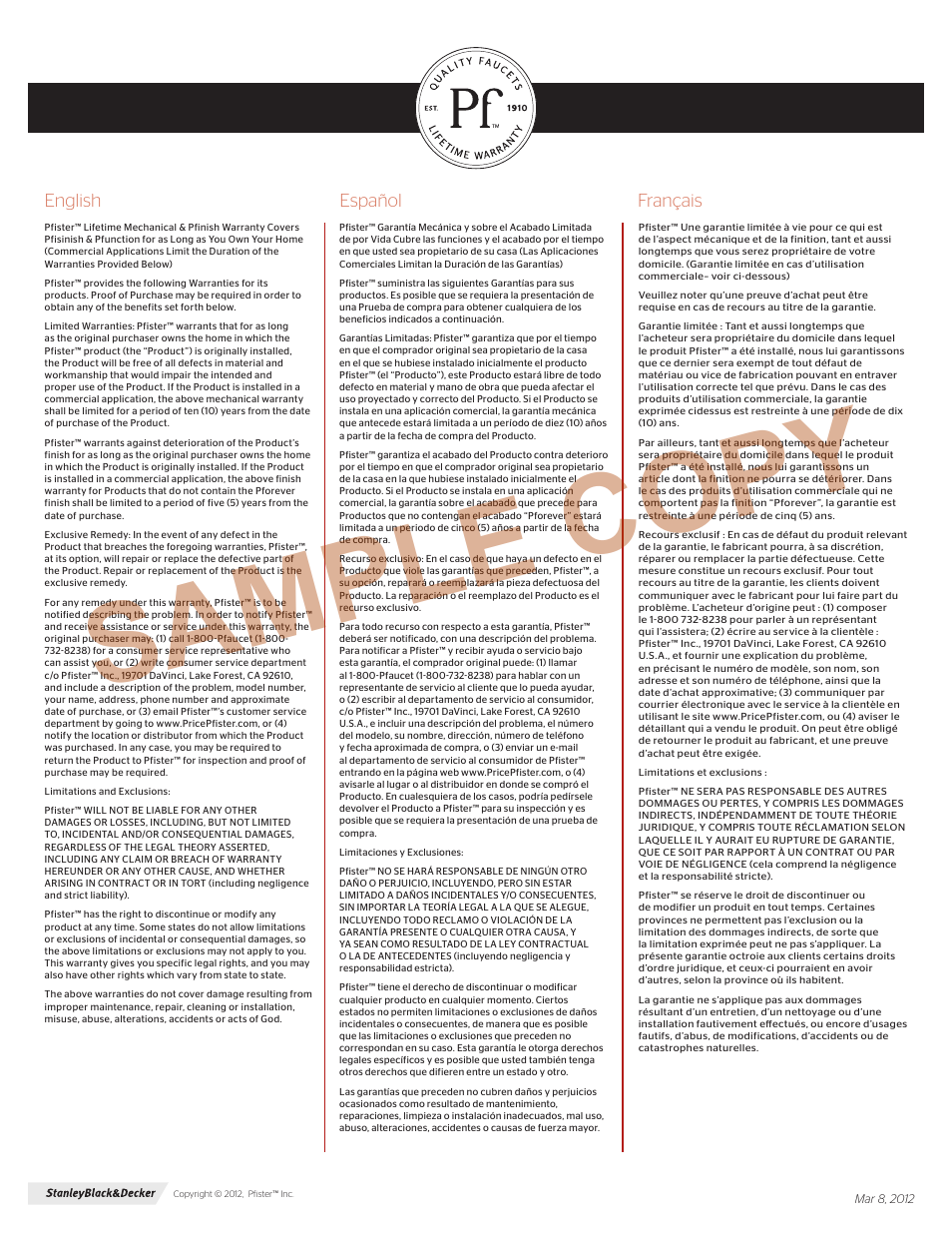 Sample copy | Pfister F-042-JDKK User Manual | Page 4 / 4