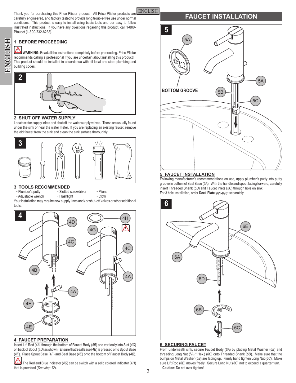 En g li sh, Faucet installation | Pfister GT42-NK00 User Manual | Page 2 / 12