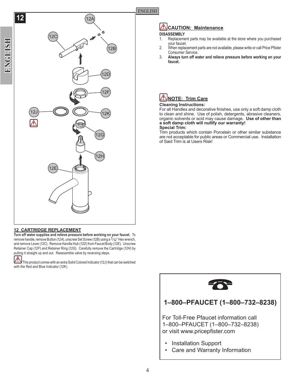 En g li sh | Pfister GT42-NK00 User Manual | Page 4 / 12