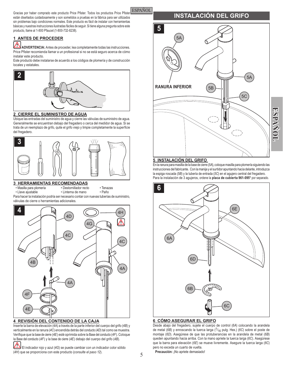 Es pa ñ o l, Instalación del grifo | Pfister GT42-NK00 User Manual | Page 5 / 12