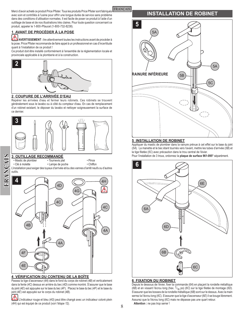 Installation de robinet | Pfister GT42-NK00 User Manual | Page 8 / 12