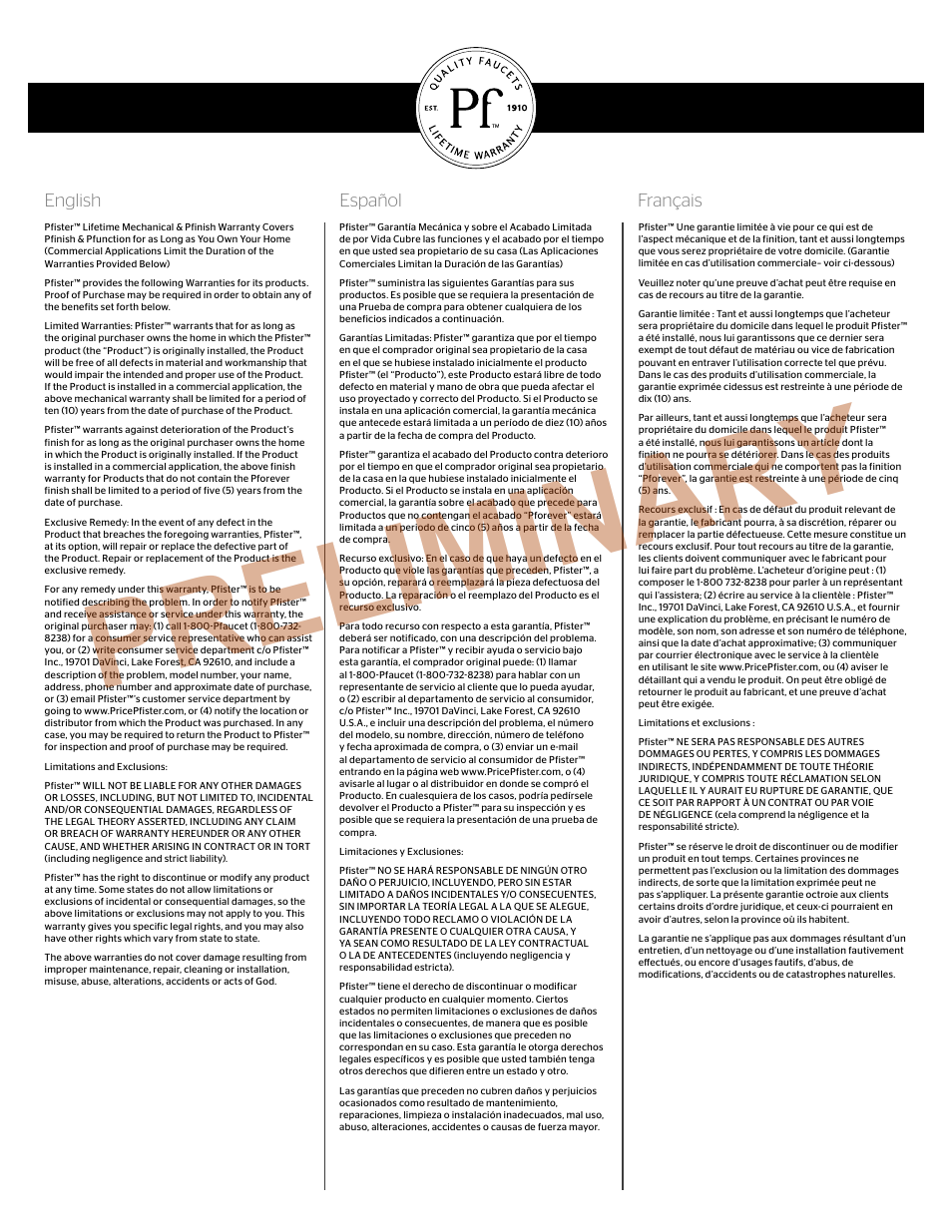 Preliminary, English español français | Pfister GT42-TR0K User Manual | Page 4 / 4