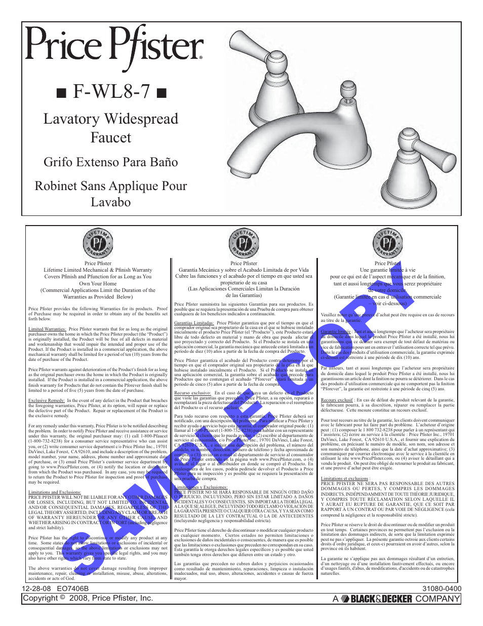 Pfister F-WL8-700C User Manual | 6 pages